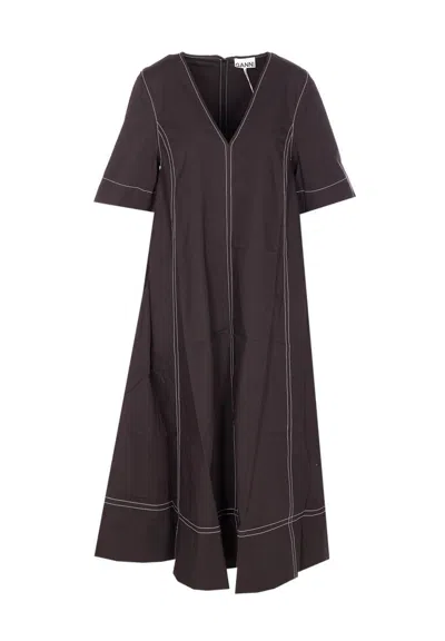 Ganni Black Stretch Cotton A-line Dress In Brown