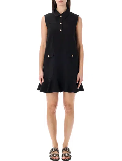 Ganni Tailored Mini Dress Sleeveless Soft Ruffle In Black