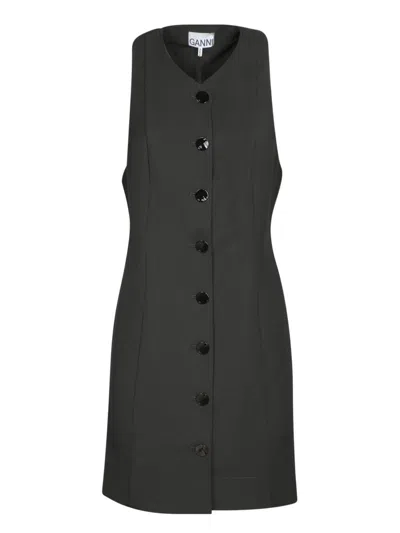 Ganni Sleeveless Twill Dress With V-neckline In Black