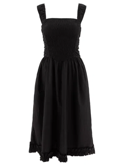 Ganni Black Cotton Poplin Midi Strap Smock Dress