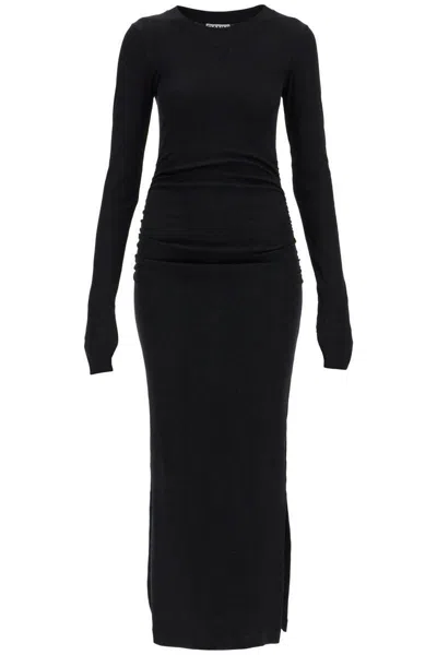 Ganni Long Ribbed Jersey Dress With Nine Words In Black