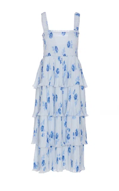 Ganni Pleated Georgette Smock Midi Dress In Blue
