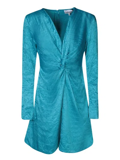 Ganni Long Sleeve Mini Dress In Blue