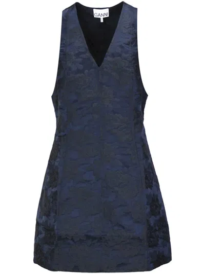Ganni Navy Blue Botanical Jacquard Tie Strap Mini Dress