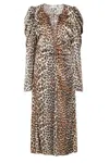 Ganni Leopard Print Midi Dress In Marrone Scuri