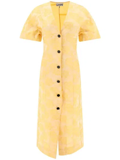 Ganni Botanical Jacquard Midi Dress In Yellow