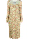 Ganni Printed Mesh Midi Dress In Green