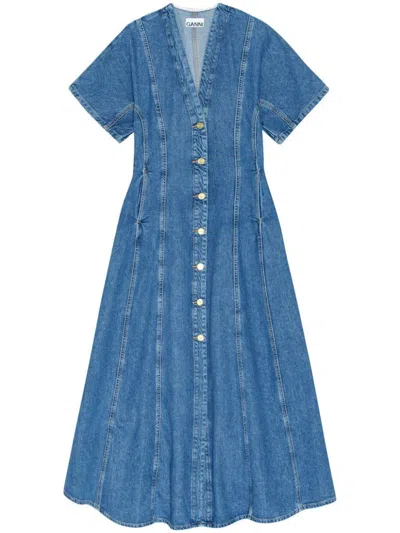 Ganni Future Short-sleeve Denim Maxi Dress In Medium Wash Denim