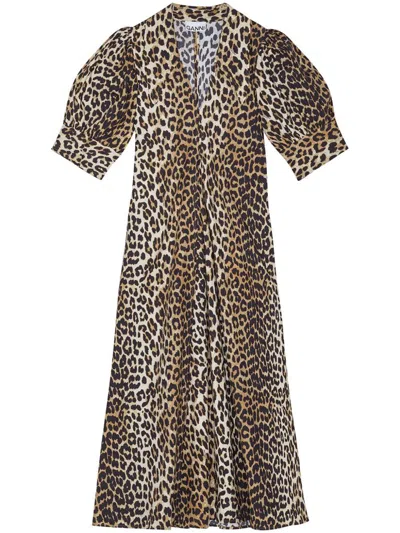 Ganni Organic Cotton Maxi Dress In Animal Print