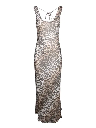 Ganni Animal Print Scoop Neckline Floor-length Dress In Brown