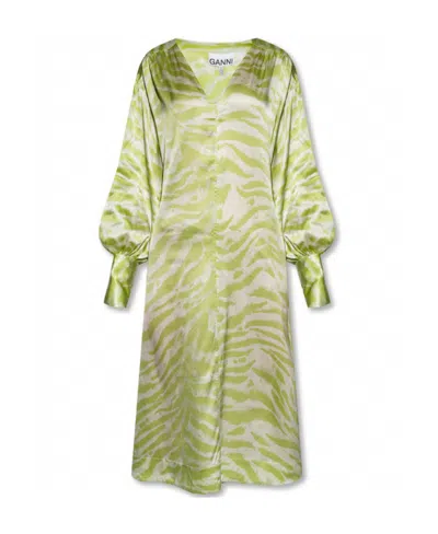 Ganni Drop-shoulder Maxi V-neck Dress In Multicolor