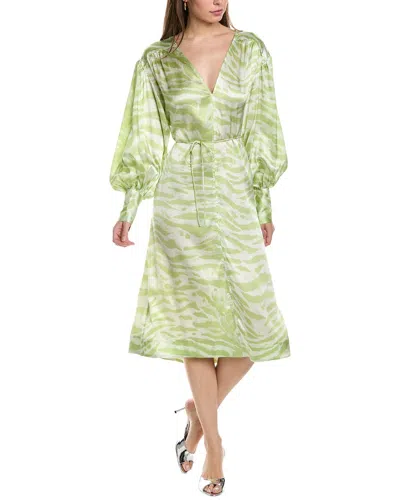 Ganni Drop-shoulder V-neck Silk-blend Maxi Dress In Green