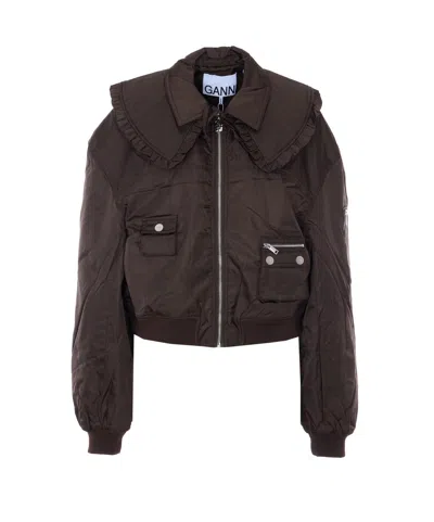 Ganni Duchesse Nylon Bomber Jacket In Brown