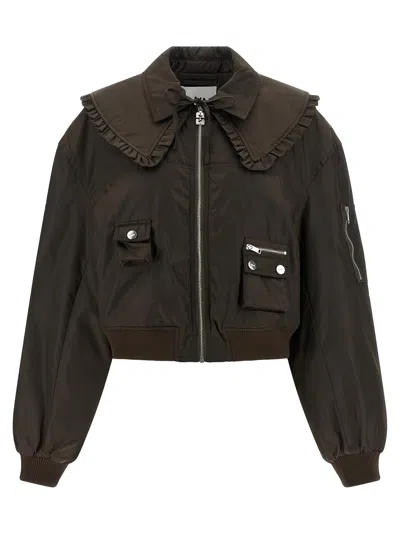 Ganni 'duchesse Nylon' Bomber Jacket In Brown