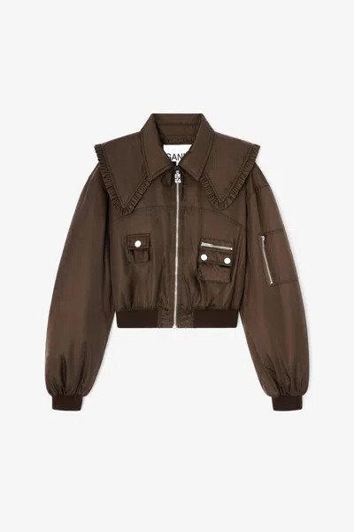 Ganni Duchesse Nylon Bomber Jacket In Brown