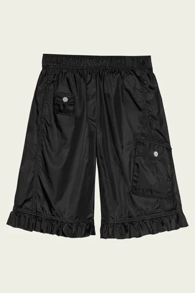 Ganni Duchesse Nylon Midi Ruffle Shorts In Black