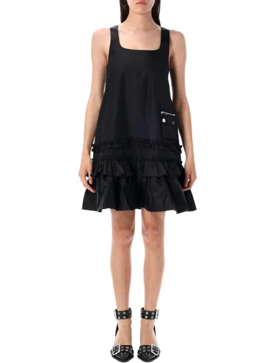 Ganni Frilled Duchesse Satin Mini Dress In Black