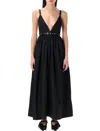 Ganni Black Long Dress With A V-neck Embellished With Studs