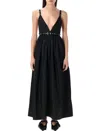 Ganni Black Long Dress With A V-neck Embellished With Studs In Blue