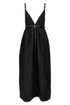 Ganni Black Long Dress With A V-neck Embellished With Studs In Black