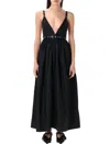 Ganni Black Long Dress With A V-neck Embellished With Studs In Black