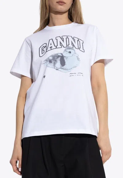 Ganni Duckie Print T-shirt In White