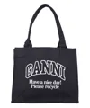Ganni Black Shopper With Embroidered Logo On The Front In Denim Woman In Black