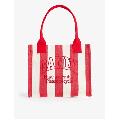 Ganni Womens Barbados Cherry Easy Shopper Large Stripe-print Recycled-cotton Tote Bag In Red