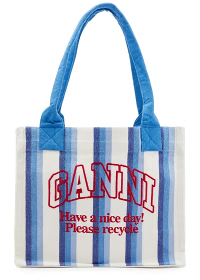 Ganni Easy Shopper Large Striped Canvas Tote In Dark Blue