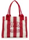 Ganni Easy Shopper Large Striped Canvas Tote In Red And White