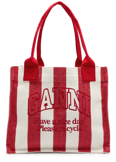 Ganni Easy Shopper Large Striped Canvas Tote In Red