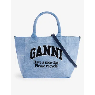 Ganni Womens Light Blue Vintage Easy Shopper Small Recycled-cotton Tote Bag