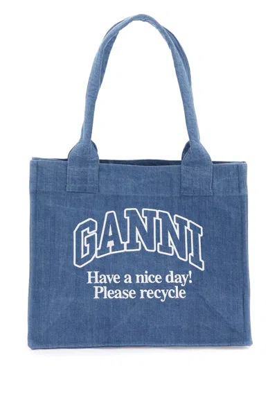 Ganni Easy Shopping Bag In Blue Recycled Cotton In Denim (blue)
