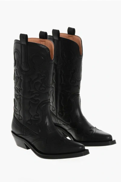 Ganni Eco-leather Western Booties With Embroideries 4cm In Black