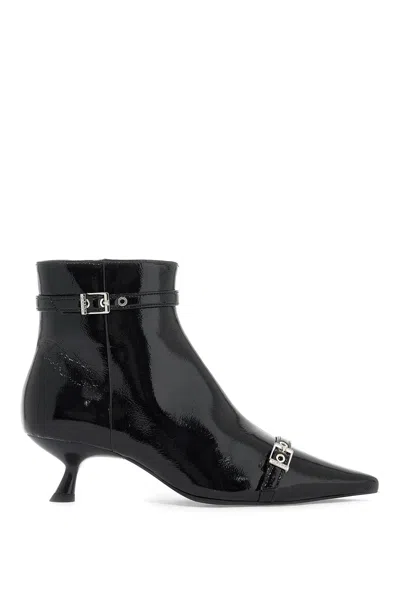 Ganni Buckled Vinyl Point-toe Ankle Boots In Black
