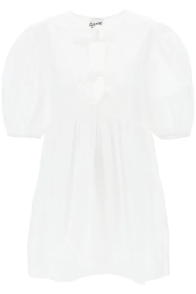 Ganni White Cotton Poplin Mini Dress With Bows In Neutral