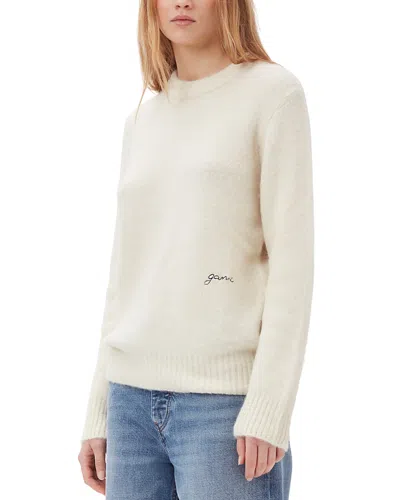 Ganni Womens Egret Logo-embroidered Round-neck Alpaca-blend Jumper In White