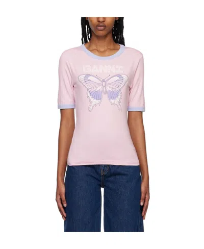 Ganni Elastic Plain Knitted T-shirt In Pink