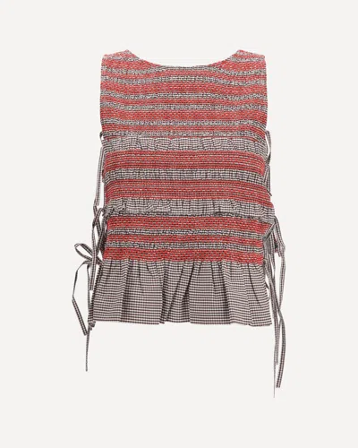 Ganni Elastic Printed Top With Ruching And Side Ties In Brown
