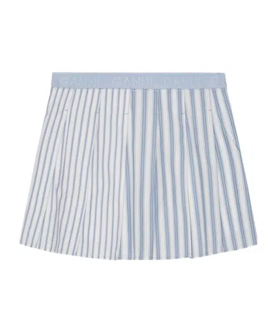 GANNI BLUE STRIPE COTTON PLEATED MINI SKIRT