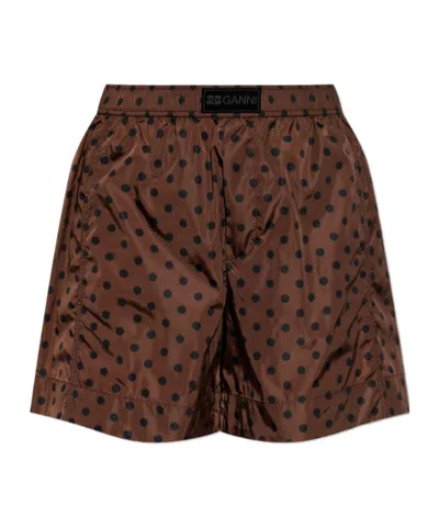 Ganni Elastic Waist Shorts In Brown