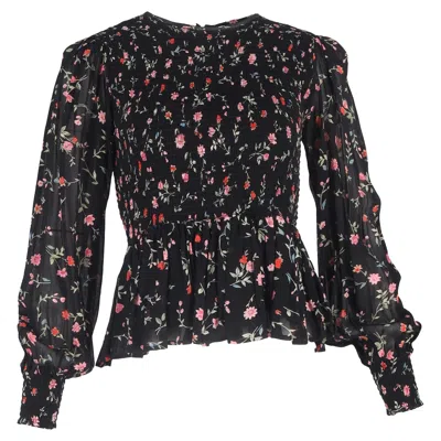 Ganni Elm Shirred Printed Georgette Peplum Blouse In Multicolor Viscose In Black