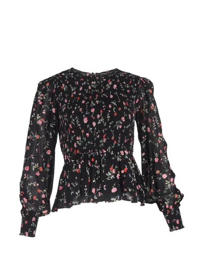 Pre-owned Ganni Elm Shirred Printed Peplum Blouse In Black