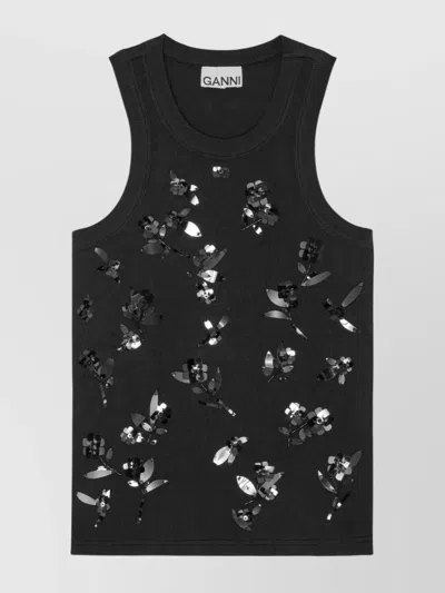 Ganni Embellished Rib-jersey Tank Top In Black