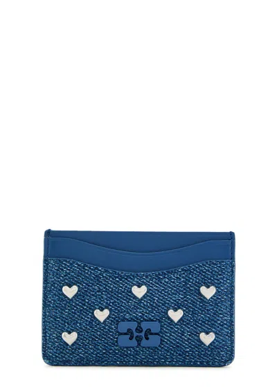 Ganni Embellished Leather And Denim Card Holder In Blue