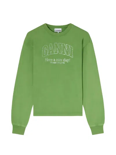 Ganni Embellished Long-sleeves Sweatshirt In Green