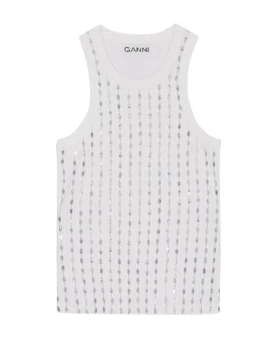 Ganni Embellished Ribbed-jersey Tank In White