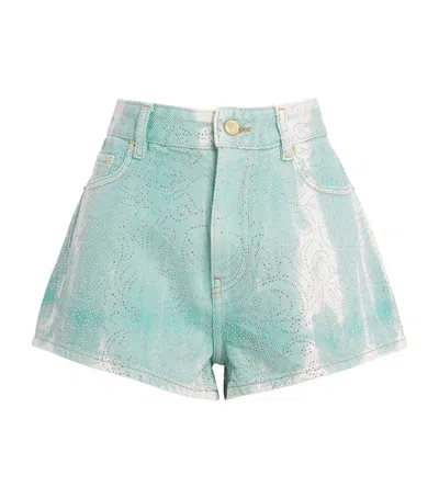 Ganni Embellished Washed Denim Shorts In Green