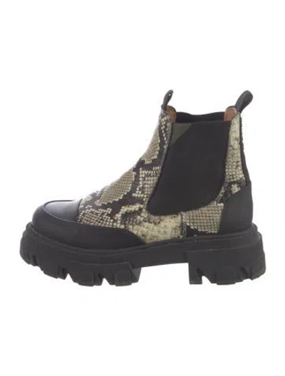Pre-owned Ganni Embossed Leather Animal Print Chelsea Boots In Black