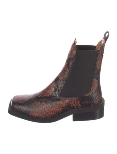 Pre-owned Ganni Embossed Leather Animal Print Chelsea Boots In Brown